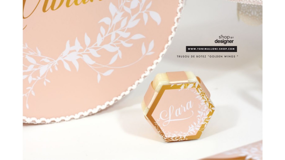 Trusou de botez gold cu ingeras pentru fetite cu broderie personalizata, Gold Wings 27